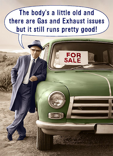 Gas Reminded FD Funny Fart   A funny father's day card of a man trying to sell a car with exhaust issues, | happy father's day dad father vintage retro exhaust car sale funny humorous gas fart smell remind me of you  (Something about this card  reminded me of you!)